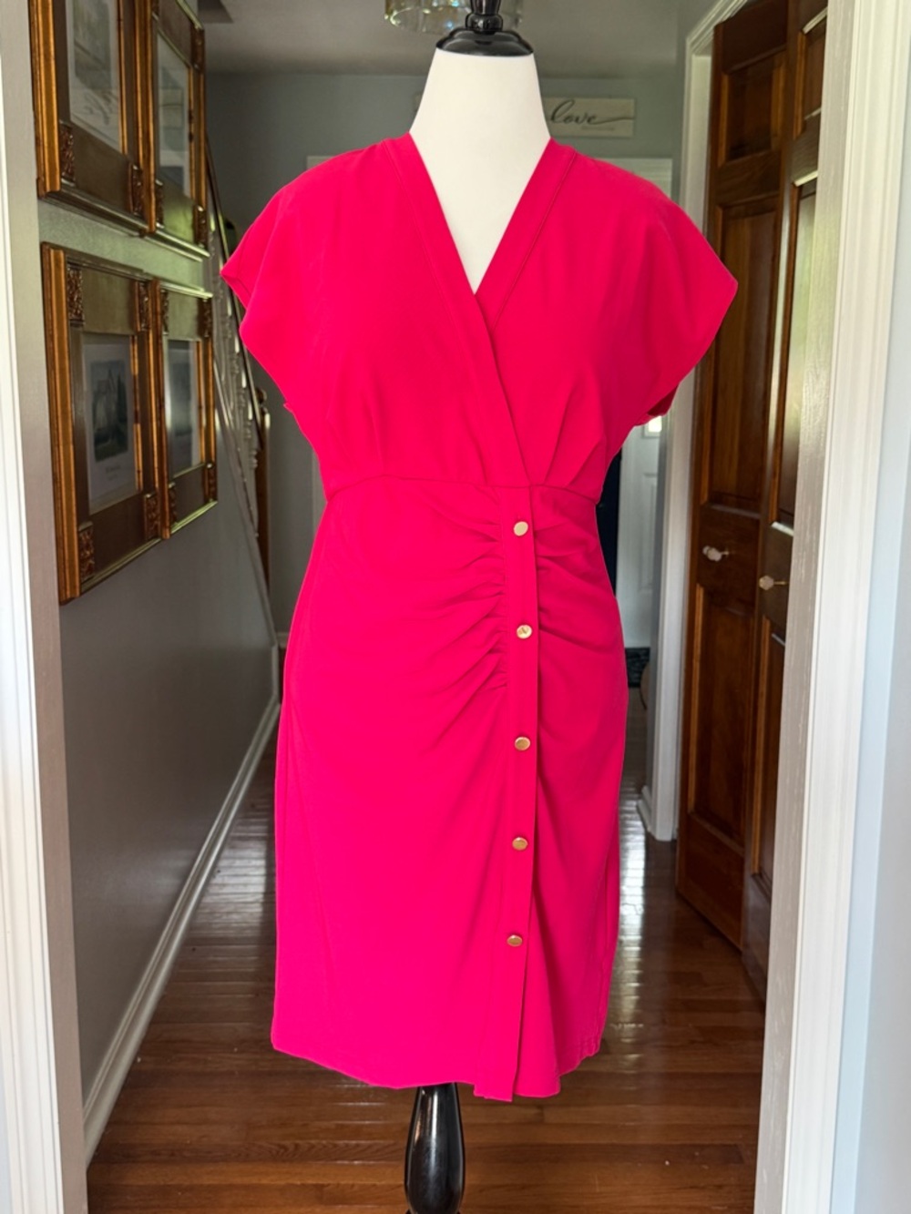 Boston Proper Beyond Travel Surplice Dress Large NWT Cerise Raspberry Pink Gold